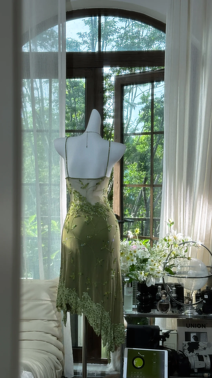 Retro Green Sequin Spaghetti Strap Romantic Sparkling  Chiffon Evening Dress Prom Dresses TP3959