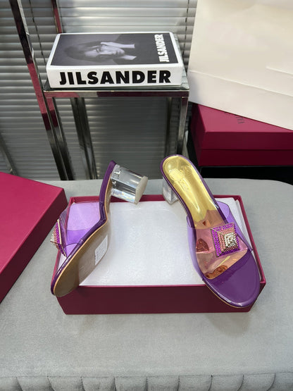 Heeled Sandals 6cm with Crystal Square Buckle Gold and Purple
