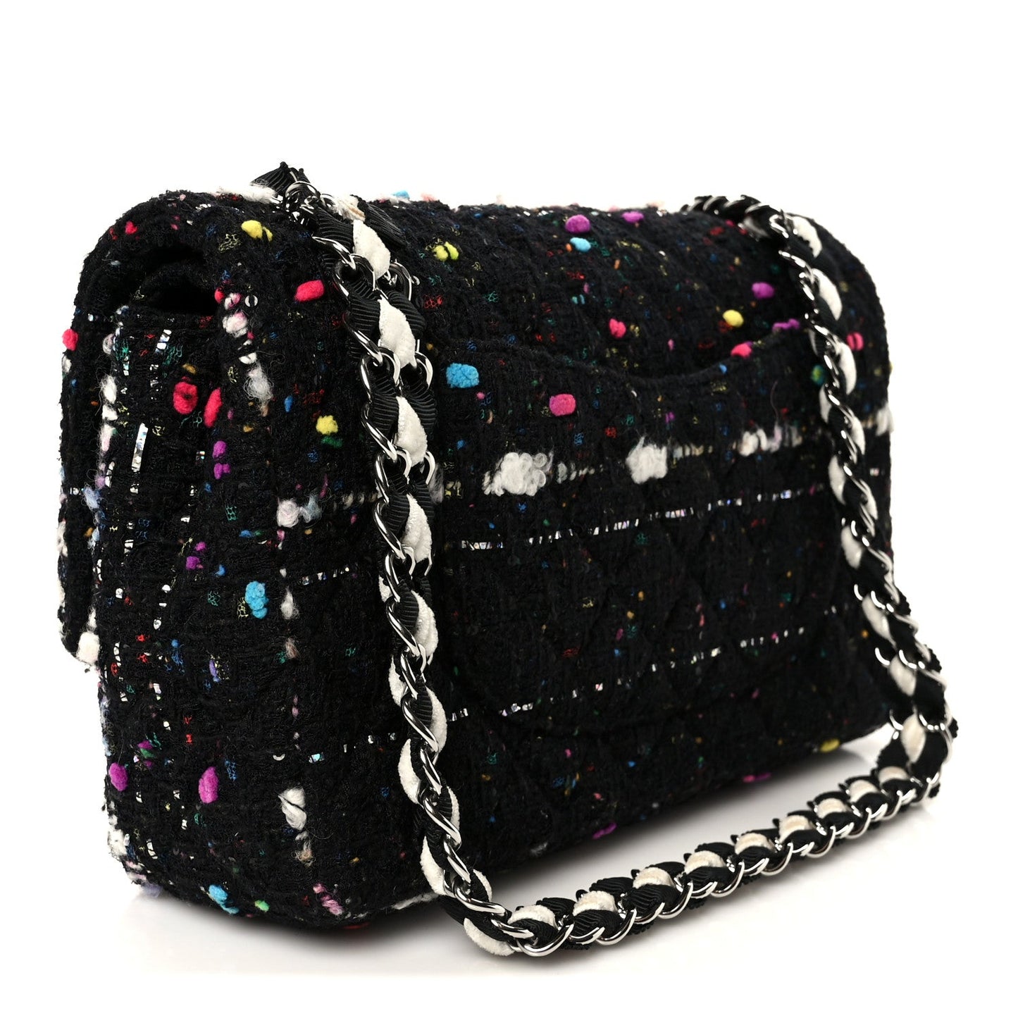 Tweed Quilted Medium Double Flap Black White Yellow Pink