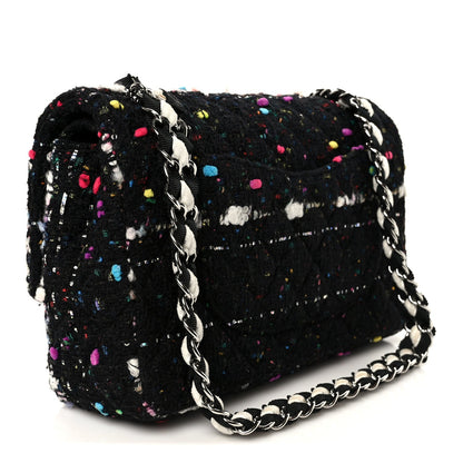 Tweed Quilted Medium Double Flap Black White Yellow Pink