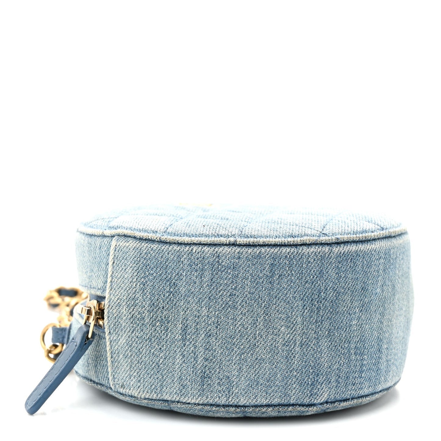 Denim Quilted Round Pearl Crush Clutch With Chain Blue