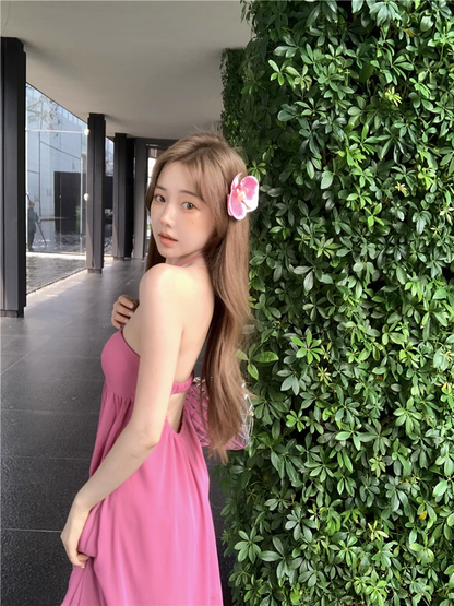 New Fashion Rose Pink Loose-fitting Design A-line Halter Dress TP3432