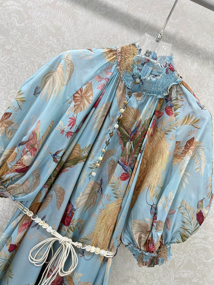 ZIMMERMANN PUFF-SLEEVE FLORAL FEATHER SILK DRESS 275074