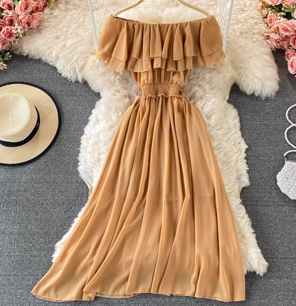 Bali resort beach slim long skirt sexy off-shoulder one-shoulder ruffled chiffon dress R0326