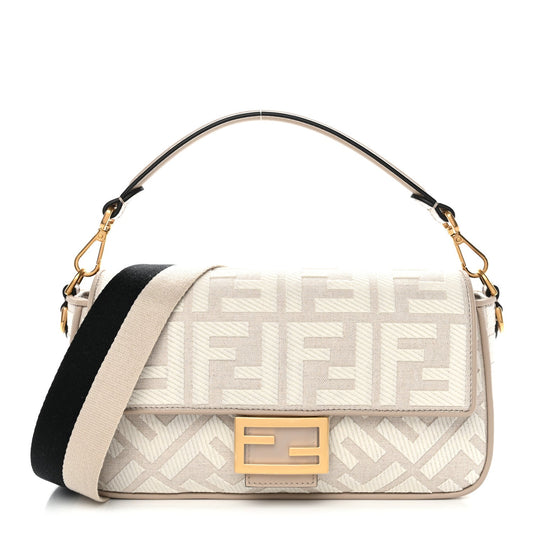 Canvas Vitello King FF Embroidered Baguette Grezzo White Nuvola