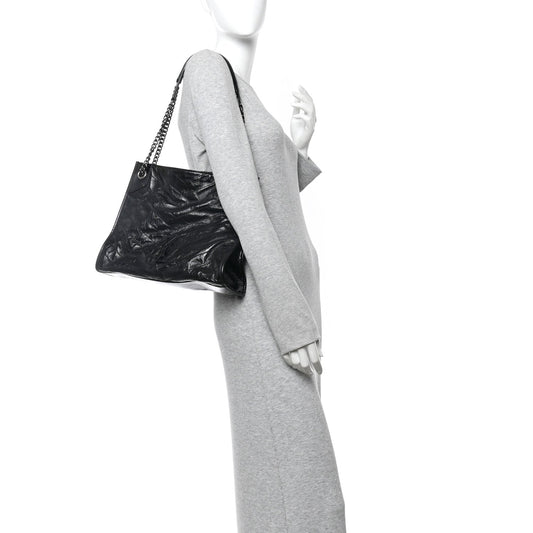 Crinkled Calfskin Matelasse Monogram Medium Niki Shopper Tote Black