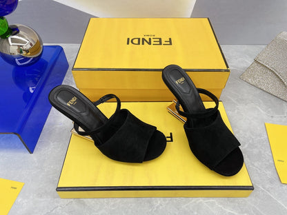 FENDI FIRST 95 MM HIGH-HEELED SANDAL IN BLACK SUEDE GOLD HARDWARE