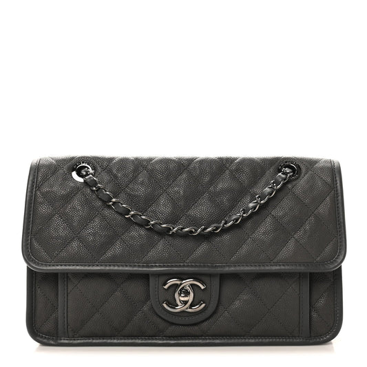 Caviar Quilted Medium French Riviera Flap Grey