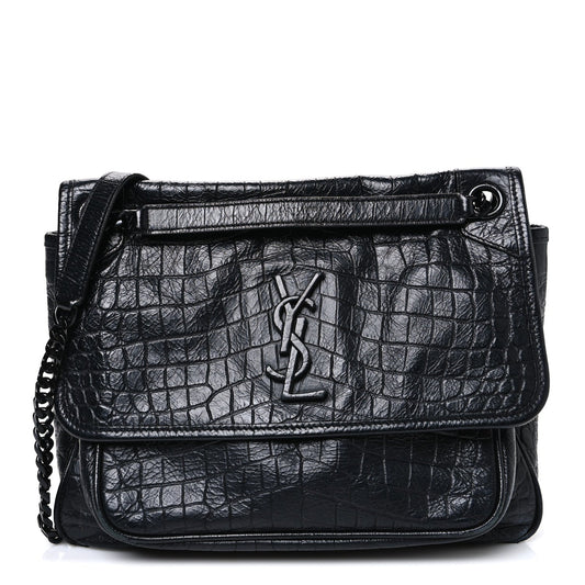Crocodile Embossed Lambskin Monogram Medium Niki Chain Satchel Black