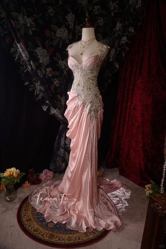 Vintage Pink Satin Mermaid Beaded Bodice Draped Evening Gown TP5110