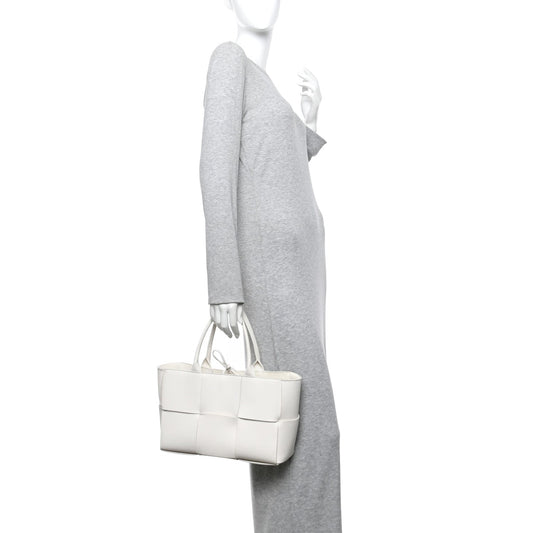 Grained Calfskin Maxi Intrecciato Small Arco Tote White