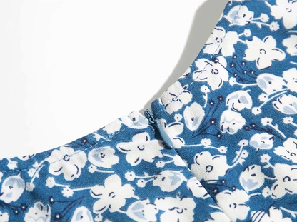 2025 Summer New French Square Neck Blue Temperament Floral Holiday Platycodon Dress R0940