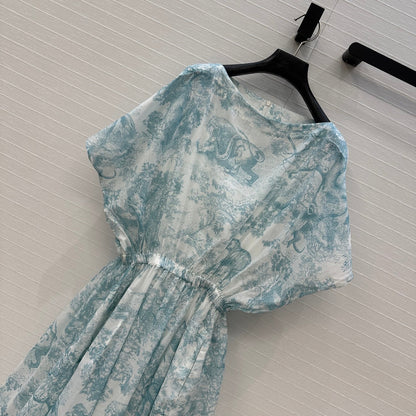 CD 25 Sauvage Jouy Boat Neck Dress Light Blue mix White Cotton