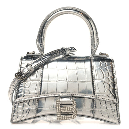 Metallic Calfskin Crocodile Embossed Crystal Hourglass Top Handle Bag XS Silver