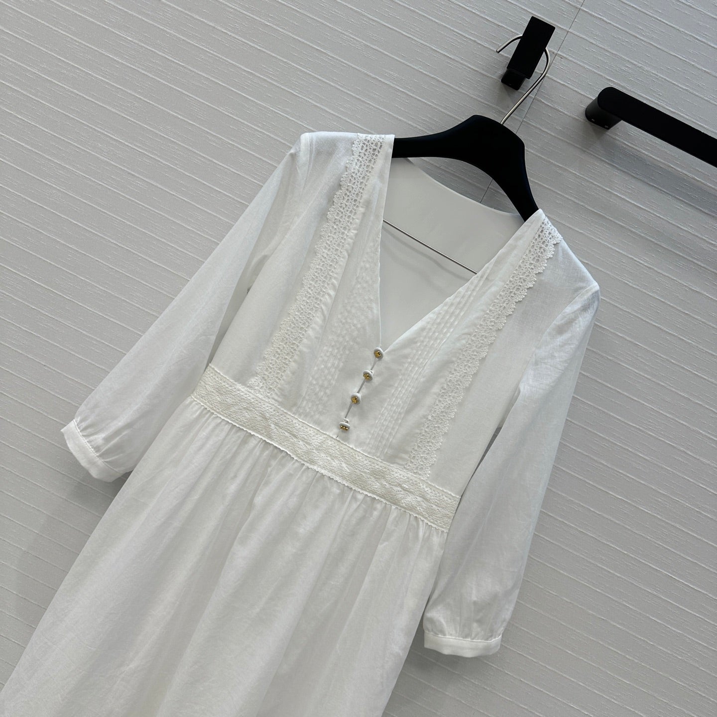 Celine 25 Embroidered V-neck Dress White Cotton
