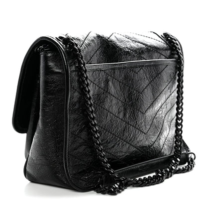 Crinkled Calfskin Matelasse Monogram Medium Niki Chain Satchel Black