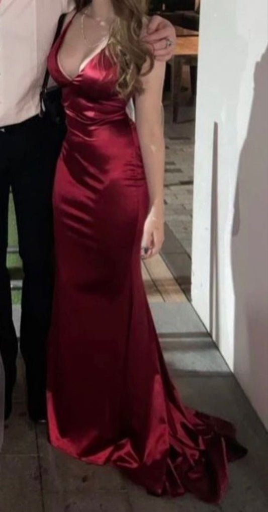 Sexy Burgundy Satin Mermaid Prom Evening Dress