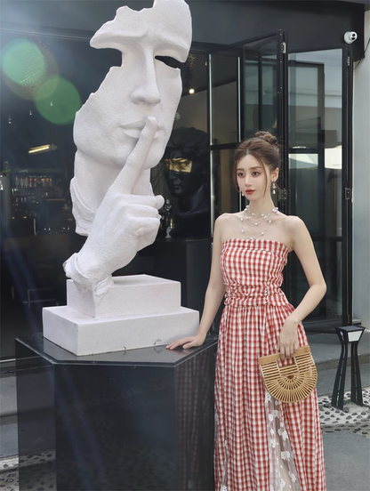 New Fashion Red Plaid Lace Patchwork Design Beach Holiday A-line Sleeveless Strapless Dress TP3378