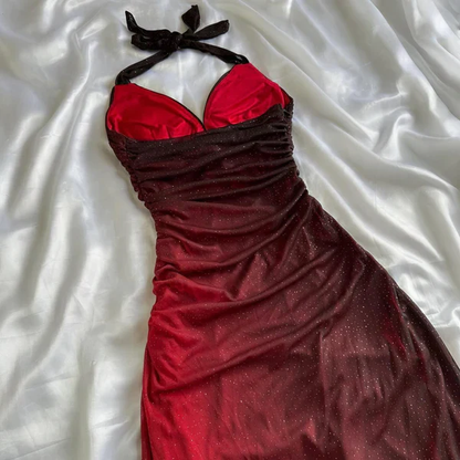Charming Halter Ombre Red Chiffon Long Prom Dress Party Evening Gown cc1398
