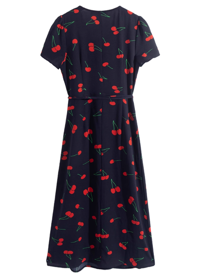 2025 Summer New Black V-neck Short Sleeve Cherry Print Wrap Long Dress R0920