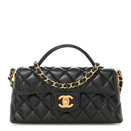 Lambskin Quilted Mini Flap Top Handle Bag Black