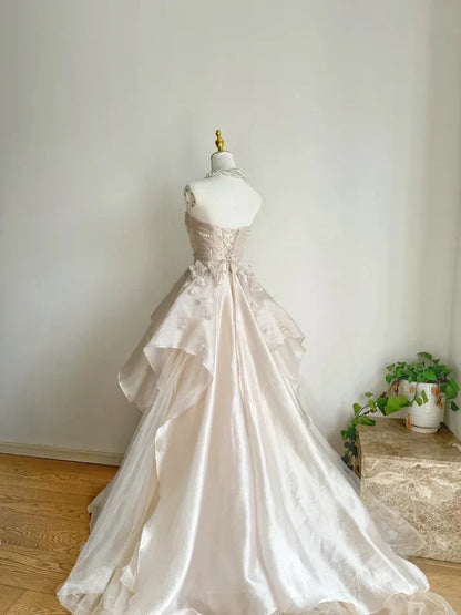 Elegant Pink A-line Strapless Pearl Tulle Floor-length Formal Prom Dress Evening Gown TP2041
