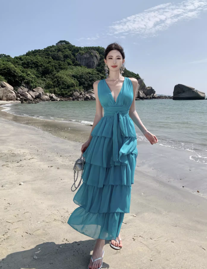 Blue seaside holiday long dress cake dress halter neck backless dress waist beach dress R1589