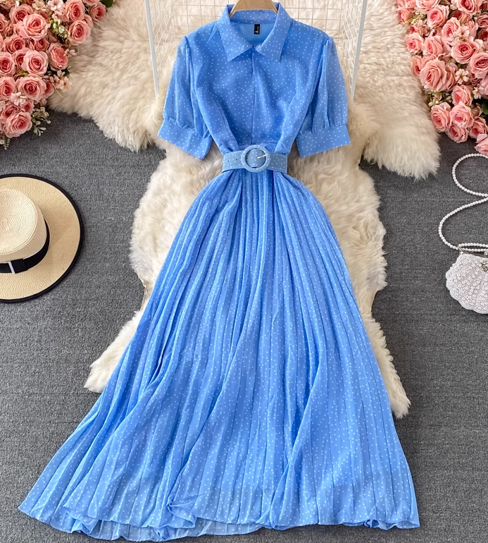 2025 Puff Sleeve Lapel Pleated Polka Dot Dress Waist Slimming Long Swing Dress Short Sleeve R0382