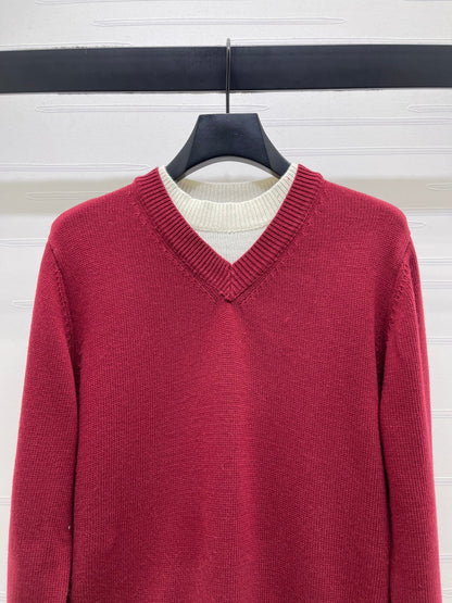 CC 26s Crew Neck Color-Blocked Faux Two-Piece Sweater Red Cashemere 344152