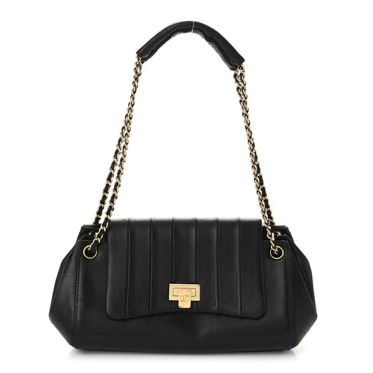 Lambskin Vertical Quilt Small Accordion Flap Black