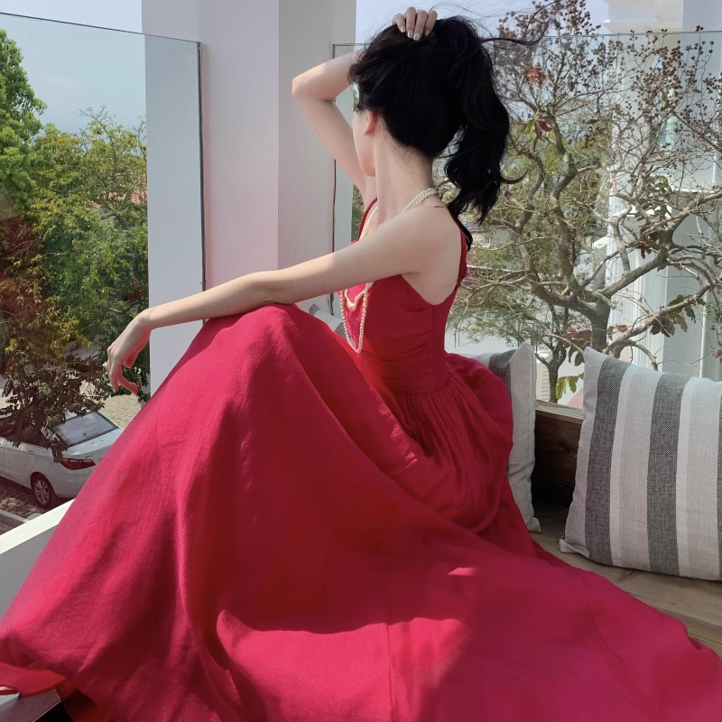 New Elegant Stylish Rose Red High-waisted Spaghetti Strap Dress TP2990