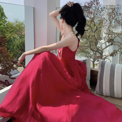 New Elegant Stylish Rose Red High-waisted Spaghetti Strap Dress TP2990