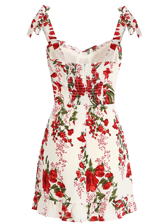 2025 Summer New French High Waist Holiday Red Floral Sling Short Dress R0961