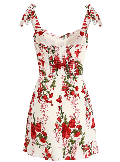 2025 Summer New French High Waist Holiday Red Floral Sling Short Dress R0961