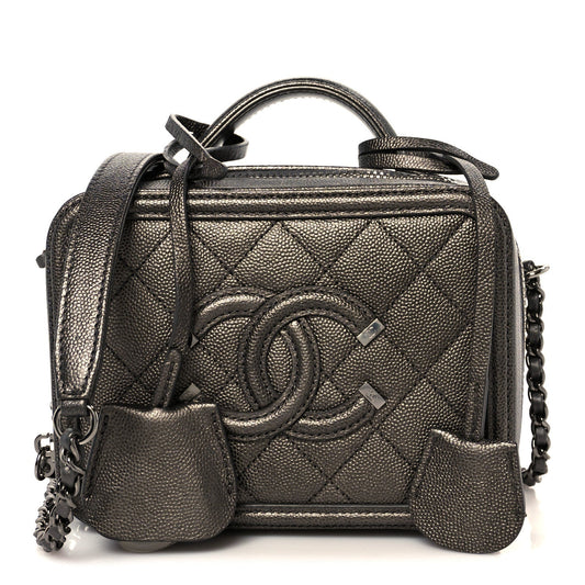 Metallic Caviar Quilted Small CC Filigree Vanity Case Dark Silver