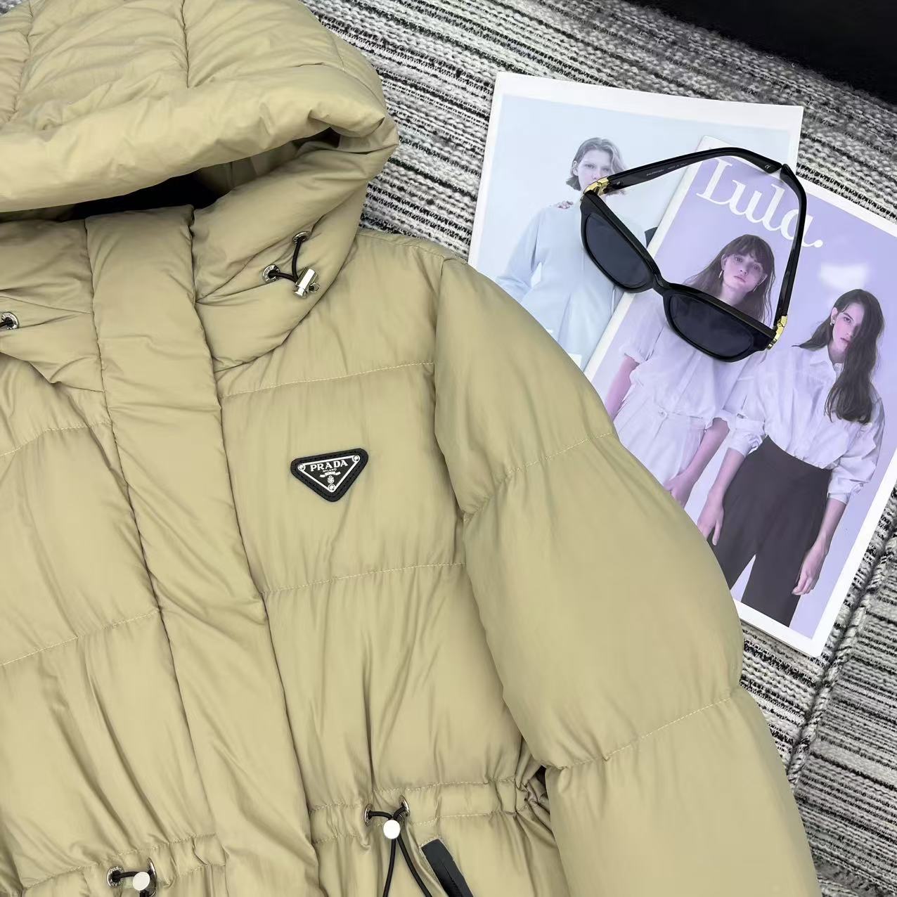 Prada 2025 Drawstring Waist Hooded Jacket Beige Down Polyester