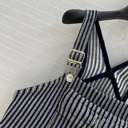 CC 25 Short Suspender Vest Dark Blue mix White Cotton