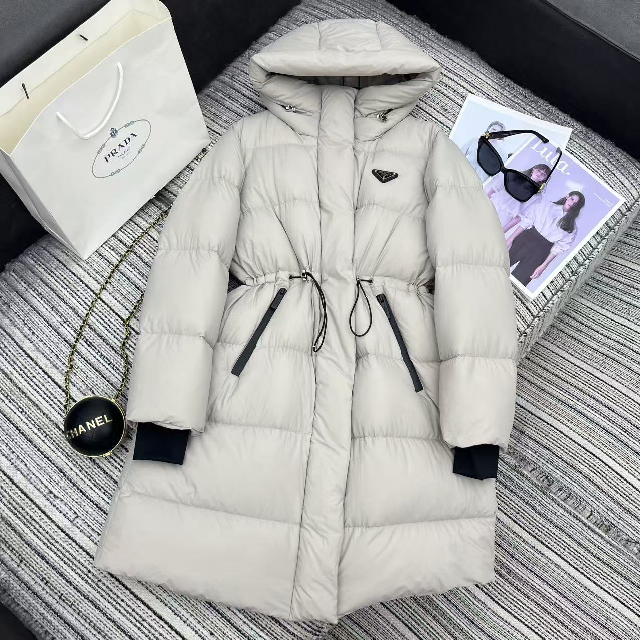 Prada 2025 Drawstring Waist Hooded Jacket Ivory Down Polyester