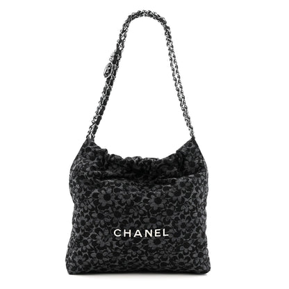 Denim Quilted Floral Print Small Chanel 22 Black