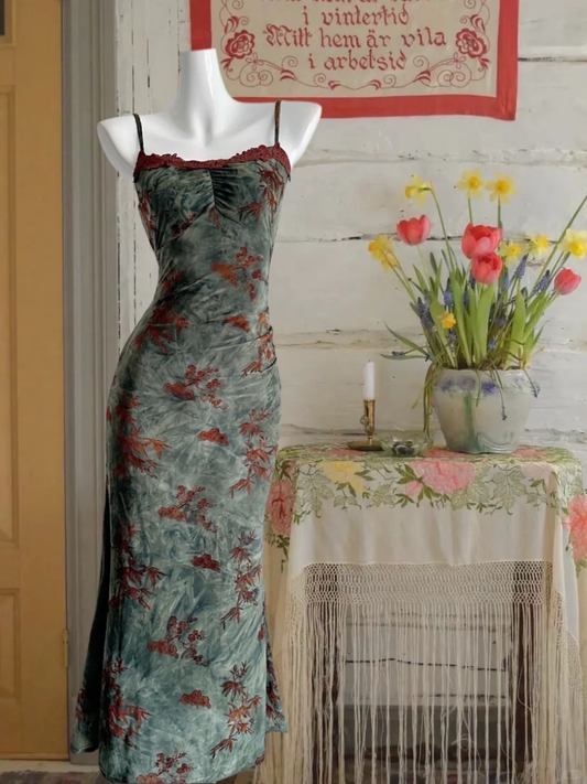 Vintage Embroidery Sheath Prom Floral Applique Evening Gown Spaghetti Strap Party Dress Ankle Length Formal Dress TP4893