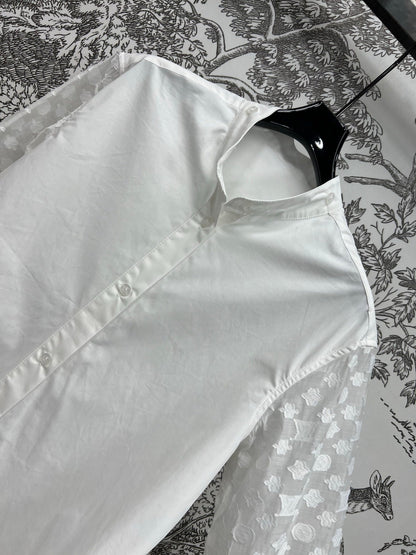 LV 25 Splicing Perspective Jacquard Monogram Sleeve Shirt White Cotton