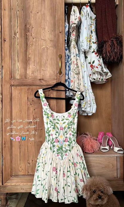 Fresh green floral suspenders low-cut sexy waist skirt homecoming dress R2623