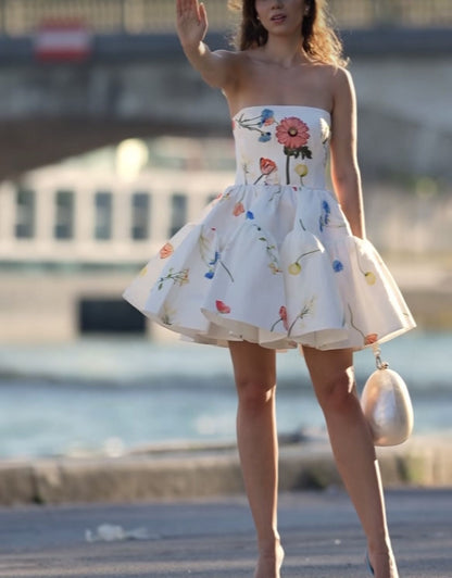 White tube top short skirt printed waist fresh puffy short skirt homecoming dress R3644