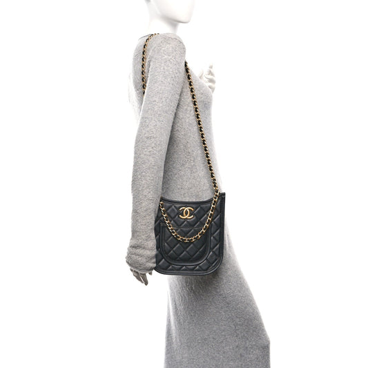 Calfskin Quilted CC Hobo Handbag Black