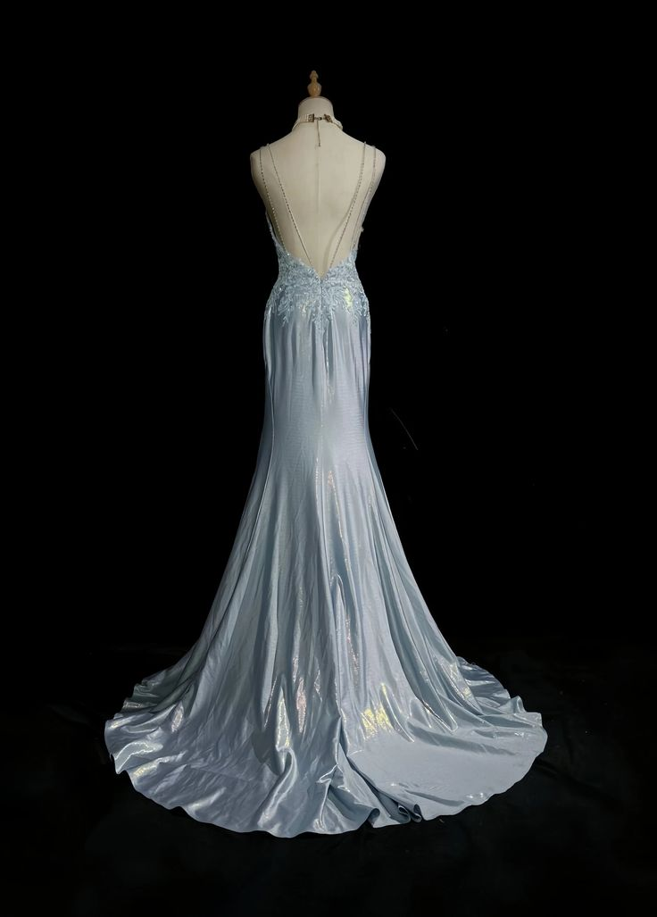 Glamorous Light Blue Embroidery Beaded Prom Dress Mermaid Sweetheart Spaghetti Strap Evening Gown TP5167