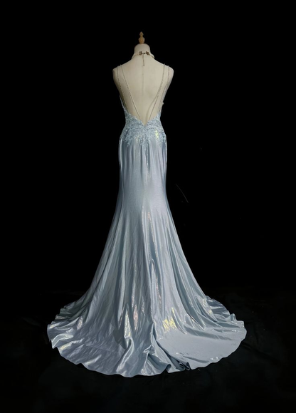 Glamorous Light Blue Embroidery Beaded Prom Dress Mermaid Sweetheart Spaghetti Strap Evening Gown TP5167