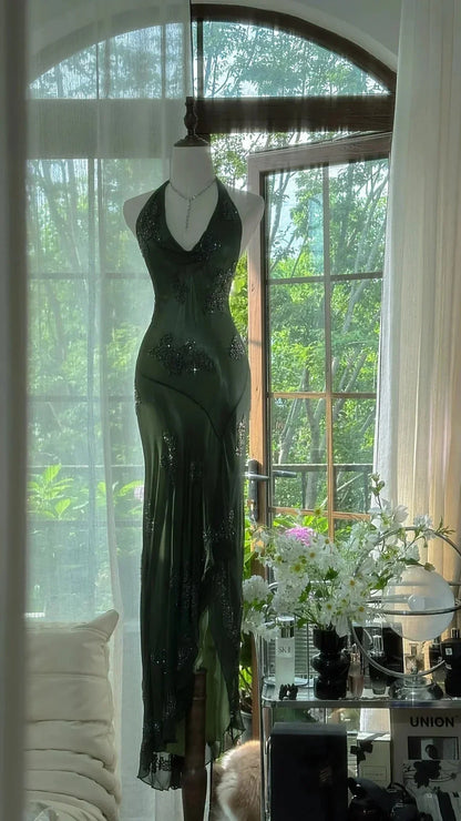 Dark Green Beaded Elegant Long Chiffon Ball Gowns Prom Dress