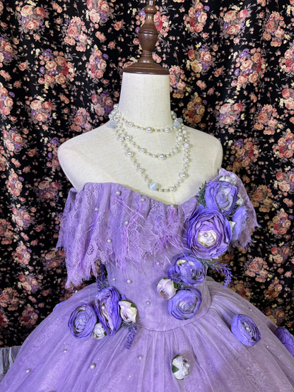 Vintage Lavender Off-Shoulder 3D Floral Applique Tulle & Lace Sweet 16 Quinceanera Ball Gown TP5337