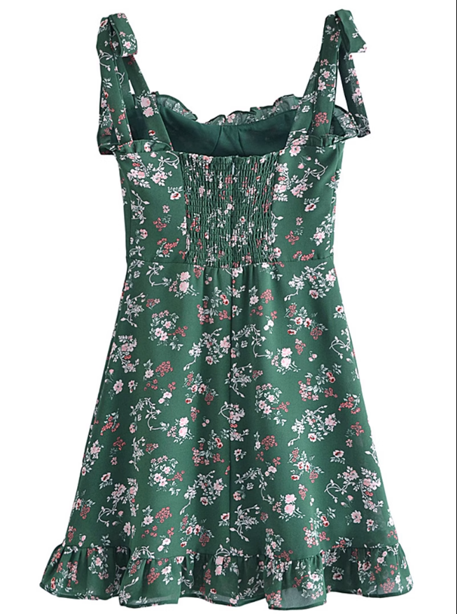 2025 Summer New Retro Green Floral Fungus Small A-line Suspender Dress R0926