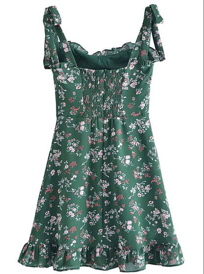 2025 Summer New Retro Green Floral Fungus Small A-line Suspender Dress R0926
